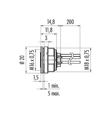 Schaaltekening M16 Female panel mount connector, aantal polen: 8 (08-a), onafgeschermd, draden, IP40, M18x0,75, Frontaansluiting