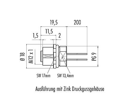Maßzeichnung M12 Flanschdose, Polzahl: 4, ungeschirmt, Litzen, IP67, UL 2238, PG 9, Frontmontage