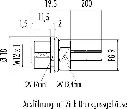 Maßzeichnung M12 Flanschdose, Polzahl: 4, ungeschirmt, Litzen, IP67, UL 2238, PG 9, Frontmontage