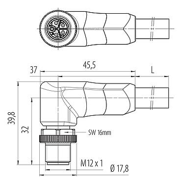 Dessin coté M12 Connecteur mâle coudé, Contacts: 4+FE, non blindé, surmoulé sur le câble, IP68, UL 2238, PUR, noir, 5 x 2,50 mm², 5 m
