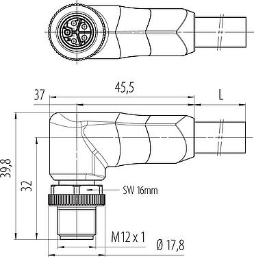 Dessin coté M12 Connecteur mâle coudé, Contacts: 4+FE, non blindé, surmoulé sur le câble, IP68, UL 2238, PUR, noir, 5 x 1,50 mm², 2 m
