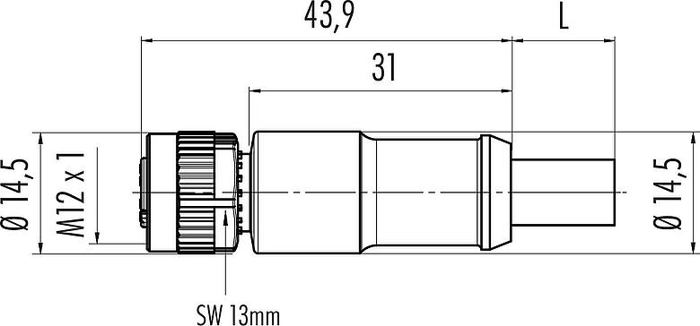 縮尺図 M12 メスケーブルコネクタ, 極数: 5, シールド, モールドケーブル付き, IP68, UL 2238, CAN-Bus, PUR, パープル, 1x2xAWG 22+1x2xAWG 24, 2m