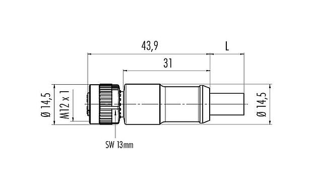 Maßzeichnung M12 Kabeldose, Polzahl: 5, geschirmt, am Kabel angespritzt, IP68, UL 2238, CAN-Bus, PUR, violett, 1 x 2 x AWG 22 + 1 x 2 x AWG 24, 5 m