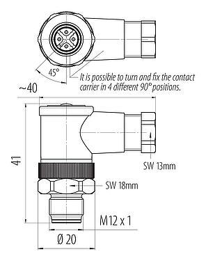 比例图 M12 弯角针头电缆连接器, 极数: 4, 4.0-6.0mm, 非屏蔽, 螺钉接线, IP67, UL 2238