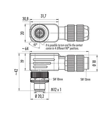 Rysunek z wymiarami M12 Męskie złącze kablowe kątowe, Kontaktów: 5, 5,0-8,0 mm, do ekranowania, zacisk śrubowy, IP67, UL 2238, sprężyna tęczówki