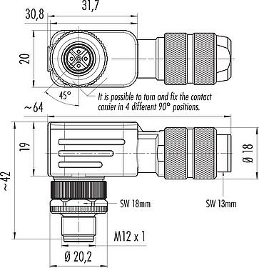 스케일 드로잉 M12 각진 플러그, 콘택트 렌즈: 5, 5.0-8.0mm, 차폐 가능, 나사 클램프, IP67, UL 2238, 아이리스 스프링