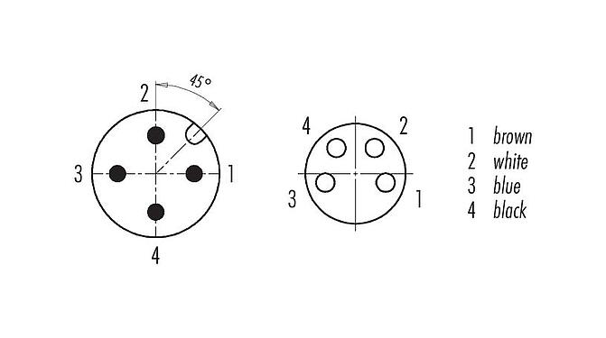 Disposition des contacts (Côté plug-in) 77 3429 3408 50004-0100 - M12 Connecteur mâle - connecteur d‘angle femelle M8x1, Contacts: 4, non blindé, surmoulé sur le câble, IP67, UL, PUR, noir, 4 x 0,34 mm², 1 m