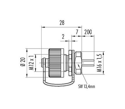 Scale drawing M12 Male panel mount connector, Contacts: 4, unshielded, single wires, IP68/IP69K, M16x1.5, Front mounting, for outdoor, UV resistant, potted
