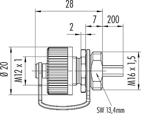 Scale drawing M12 Male panel mount connector, Contacts: 5, unshielded, single wires, IP68/IP69K, M16x1.5, Front mounting, for outdoor, UV resistant, potted