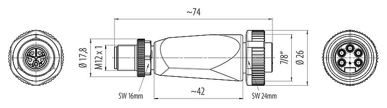 Maßzeichnung 7/8" Adapter, Polzahl: 4+FE, ungeschirmt, IP67
