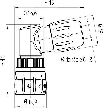 Dessin coté Baïonnette Connecteur mâle coudé, Contacts: 8, 6,0-8,0 mm, non blindé, souder, IP67