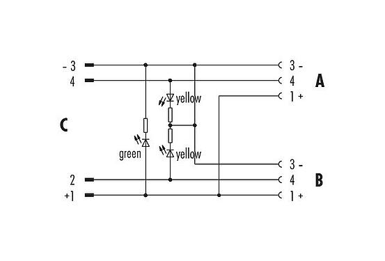 Belegungspläne M12/M8 Zweifachverteiler, Y-Verteiler, Stecker - 2 Dosen, Polzahl: 4/3, ungeschirmt, steckbar, IP68, UL 2238, mit LED PNP