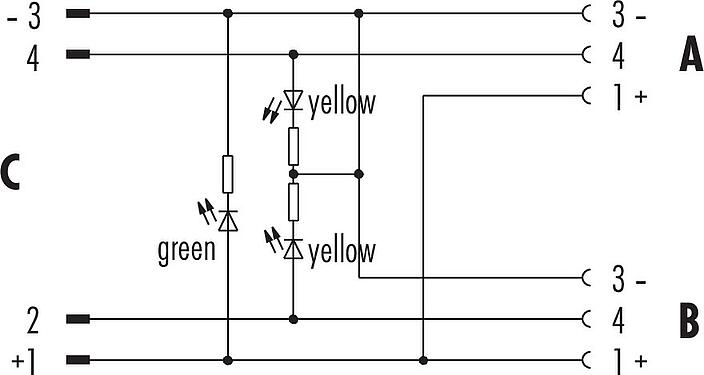 Pin assignment plans M12/M8 Twin distributors Y-distributor, male connector - 2 female connector, Contacts: 4/3, unshielded, pluggable, IP68, UL 2238, with LED PNP
