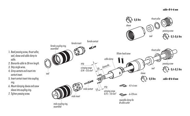 Assembly instructions M16 Male cable connector, Contacts: 6 (06-a), 6.0-8.0 mm, shieldable, crimping (Crimp contacts must be ordered separately), IP67, UL 2238