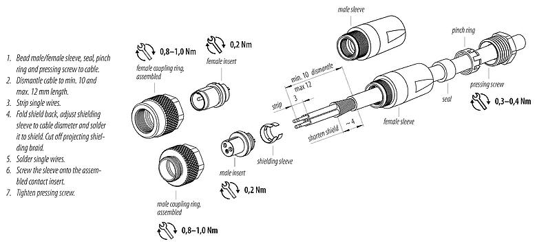 Kokoonpano-ohjeet M9 Kaapelipistoke, Napojen määrä: 4, 3,5-5,0 mm, suojattavissa, juotos, IP67, suojakalvosimella