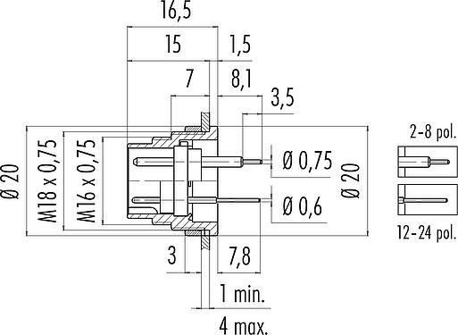 Scale drawing M16 Male panel mount connector, Contacts: 2 (02-a), unshielded, THT, IP40, M18x0,75, Rear mounting