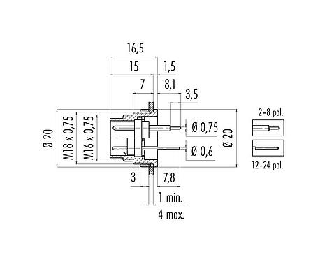 Maßzeichnung M16 Flanschstecker, Polzahl: 2 (02-a), ungeschirmt, THT, IP40, M18x0,75, Rückwandmontage