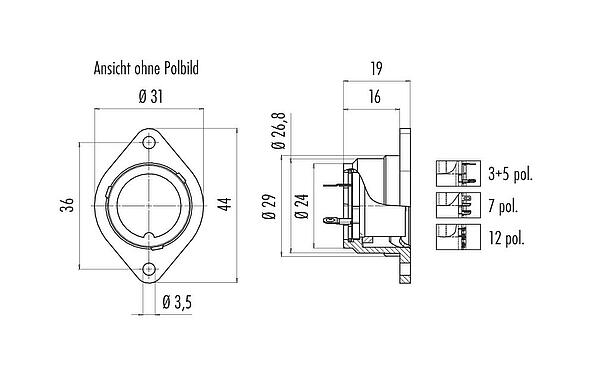 Maßzeichnung Bajonett Flanschdose, Polzahl: 3, ungeschirmt, löten, IP40, Frontmontage