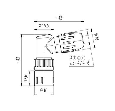 Dessin coté Snap-In Connecteur mâle coudé, Contacts: 8, 2,5-4,0 mm, non blindé, souder, IP67
