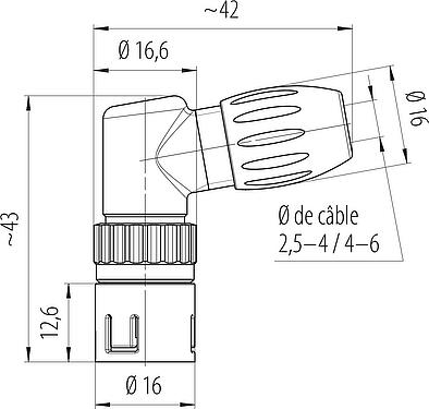 Dessin coté Snap-In Connecteur mâle coudé, Contacts: 3, 2,5-4,0 mm, non blindé, souder, IP67