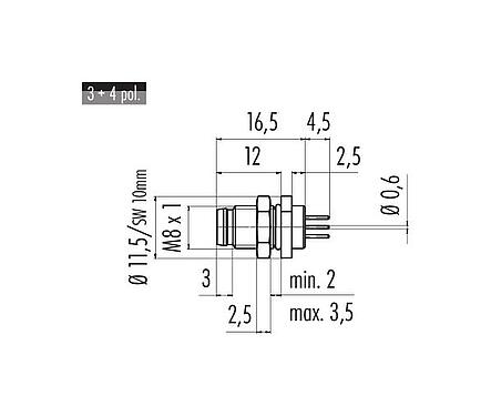 Schaaltekening M8 Male panel mount connector, aantal polen: 3, onafgeschermd, THT, IP67, UL 2238, M8x1,0, Achterwandmontage, gegoten