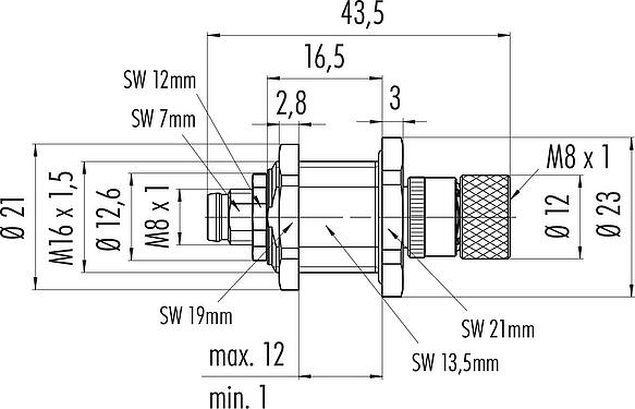 Scale drawing M8 Lead-through for control cabinet, Contacts: 4, shielded, pluggable, IP67, M8x1.0, Rear mounting, potted