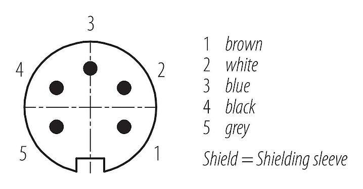 Contact arrangement (Plug-in side) M16 Male angled connector, Contacts: 5, shielded, moulded on the cable, IP67, PUR, black, 5 x 0.34 mm², 5 m