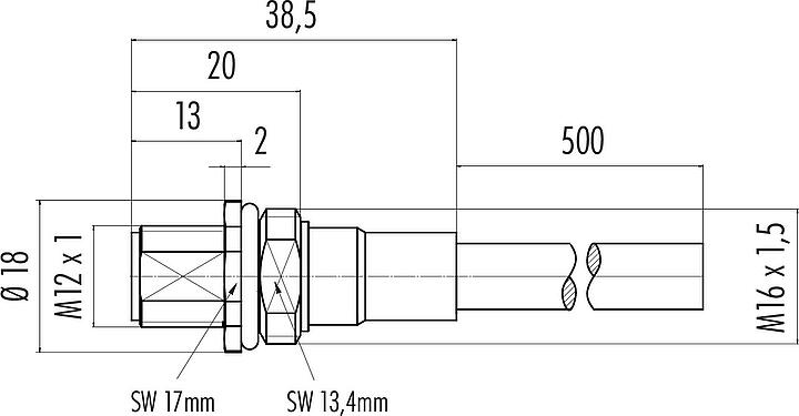 Dessin coté M12 Embase mâle, Contacts: 8, blindé, assemblés avec câble, IP68, M16x1,5, PUR, noir, 5 x 0,25 mm², Montage frontal, 0,5 m