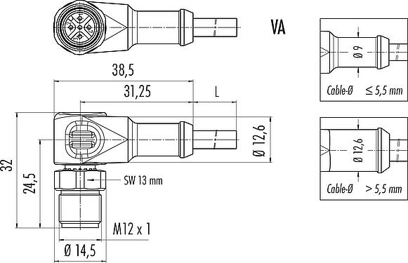 Dessin coté M12 Connecteur mâle coudé, Contacts: 5, non blindé, surmoulé sur le câble, IP67/IP69K, UL 2238, PUR, noir, 5 x 0,34 mm², Acier inoxydable, 5 m