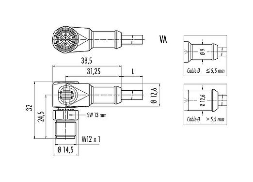 Bản vẽ tỷ lệ M12 Phích cắm bẻ góc, Số lượng cực : 4, không có chống nhiễu, ép phun vào dây cáp, IP67/IP69K, UL 2238, PUR, màu đen, 4x0,34mm², Tthép không gỉ, 5m