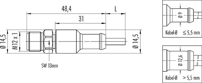 Maßzeichnung M12 Kabelstecker, Polzahl: 4, ungeschirmt, am Kabel angespritzt, IP67/IP69K, UL 2238, Ecolab, PVC, grau, 4 x 0,34 mm², Edelstahl, 2 m