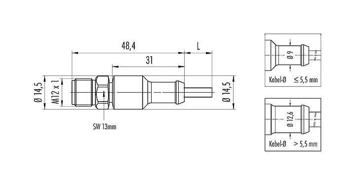 Maßzeichnung M12 Kabelstecker, Polzahl: 4, ungeschirmt, am Kabel angespritzt, IP67/IP69K, UL 2238, Ecolab, PVC, grau, 4 x 0,34 mm², Edelstahl, 2 m