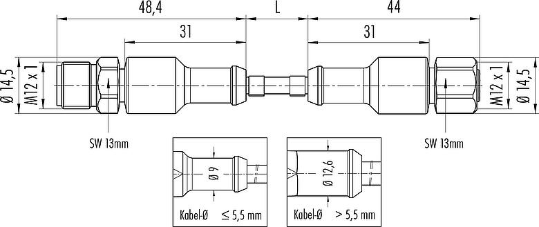 Maßzeichnung M12 Verbindungsleitung Kabelstecker - Kabeldose, Polzahl: 12, ungeschirmt, am Kabel angespritzt, IP67/IP69K, UL 2238, Ecolab, PVC, grau, 12 x 0,25 mm², Lebensmittelindustrie, Edelstahl, 2 m