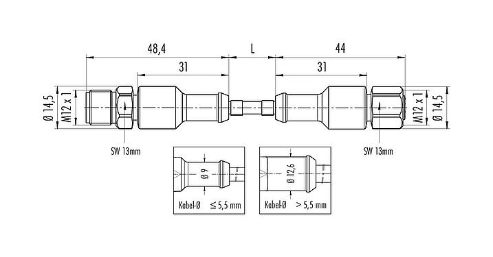 Maßzeichnung M12 Verbindungsleitung Kabelstecker - Kabeldose, Polzahl: 3, ungeschirmt, am Kabel angespritzt, IP67/IP69K, UL 2238, Ecolab, PVC, grau, 3 x 0,34 mm², Lebensmittelindustrie, Edelstahl, 2 m