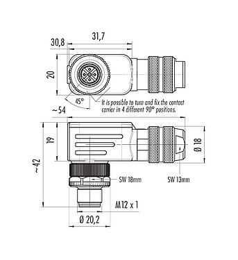 比例图 M12 弯角针头电缆连接器, 极数: 5, 6.0-8.0mm, 可接屏蔽, 螺钉接线, IP67, UL 2238, 带防护环