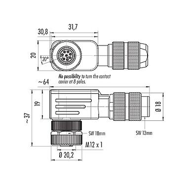 比例圖 M12 彎角孔頭電纜連接器, : 8, 5.0-8.0mm, 可接遮罩, 螺釘接線, IP67, UL 2238, 虹膜彈簧