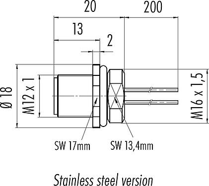 Scale drawing M12 Male panel mount connector, Contacts: 5, unshielded, single wires, IP68, UL 2238, M16x1.5, Front mounting, stainless steel, potted