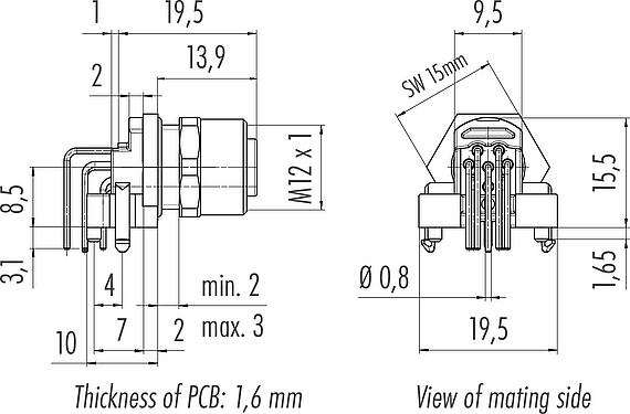 Scale drawing M12 Female panel mount connector, Contacts: 8, shieldable, THR, IP68, UL 2238, M12x1.0, Rear mounting, for PCB assembly