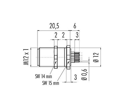 Méretarányos rajz M12 panelre szerelhető csatlakozó, : 12, árnyékolatlan, THT, IP68, M12x1,0, hátsó panel felszerelés