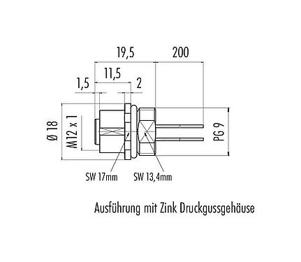 Maßzeichnung M12 Flanschdose, Polzahl: 5, ungeschirmt, Litzen, IP68, UL 2238, PG 9, Frontmontage