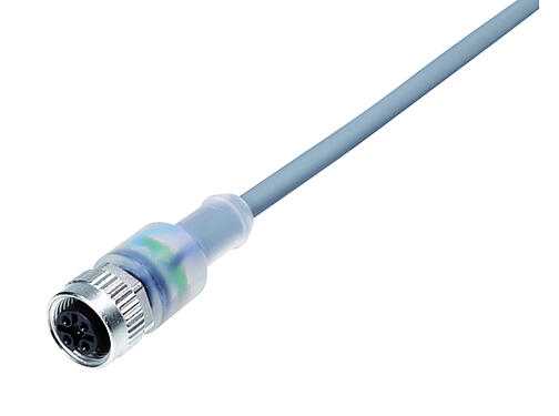 Illustration 77 3630 0000 20003-0500 - M12 Female cable connector, Contacts: 3, unshielded, moulded on the cable, IP69K, UL, PVC, grey, 3 x 0.34 mm², with LED PNP, 5 m