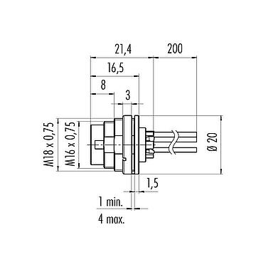 Scale drawing M16 Male panel mount connector, Contacts: 6 (06-a), unshielded, single wires, IP40, M18x0,75, Rear mounting