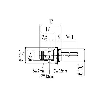 Scale drawing M8 Male panel mount connector, Contacts: 5, unshielded, single wires, IP67, UL 2238, M8x1.0, Rear mounting, potted