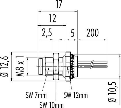Scale drawing M8 Male panel mount connector, Contacts: 6, unshielded, single wires, IP67, UL 2238, M8x1.0, Rear mounting, potted