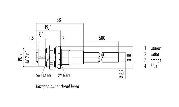Scale drawing M12 Female panel mount connector, Contacts: 4, shielded, with cable assembled, IP67, UL, PG 9, Profinet, PUR, green, 2 x 2 x AWG 22, Rear mounting, 0.5 m