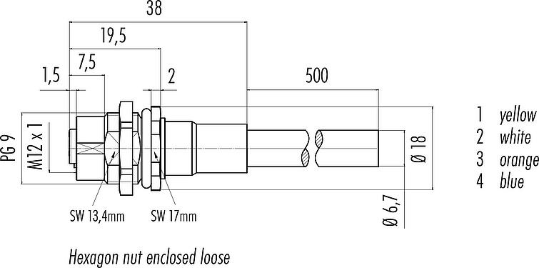 縮尺図 M12 メスパネルマウントコネクタ, 極数: 4, シールド, ケーブル組込時, IP67, UL, PG 9, Profinet, PUR, グリーン, 2x2xAWG 22, 背面パネルマウント, 0.5m