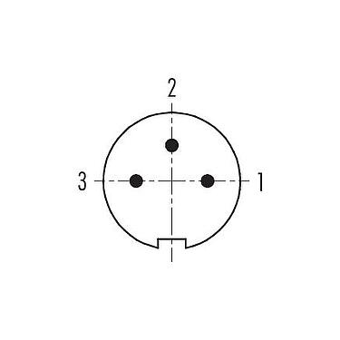 Polbild (Steckseite) M9 Kabelstecker, Polzahl: 3, 3,5-5,0 mm, schirmbar, löten, IP67, mit Schirmmanschette