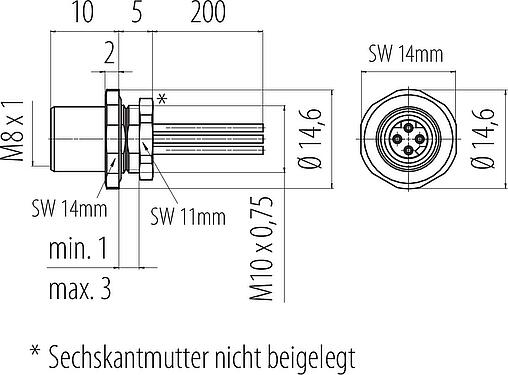 Maßzeichnung M8 Flanschdose, Polzahl: 4, ungeschirmt, Litzen, IP67, M8x1,0, Frontmontage