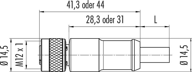 Maßzeichnung M12 Kabeldose, Polzahl: 3, geschirmt, am Kabel angespritzt, IP67, UL 2238, PUR, schwarz, 3 x 0,34 mm², 2 m