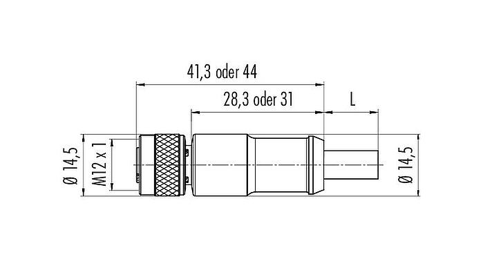 Maßzeichnung M12 Kabeldose, Polzahl: 3, geschirmt, am Kabel angespritzt, IP67, UL 2238, PUR, schwarz, 3 x 0,34 mm², 2 m